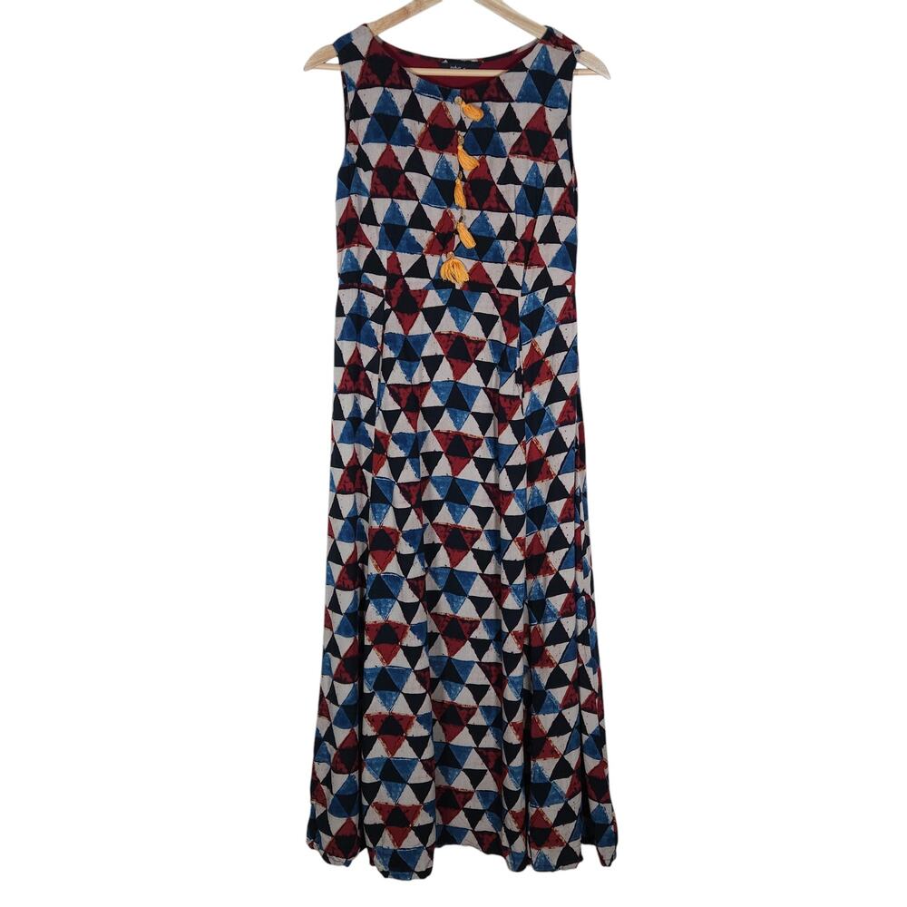 Indya Maxi Dress Medium Red Blue Geometric Sleeveless Pockets Indie Sleaze Boho